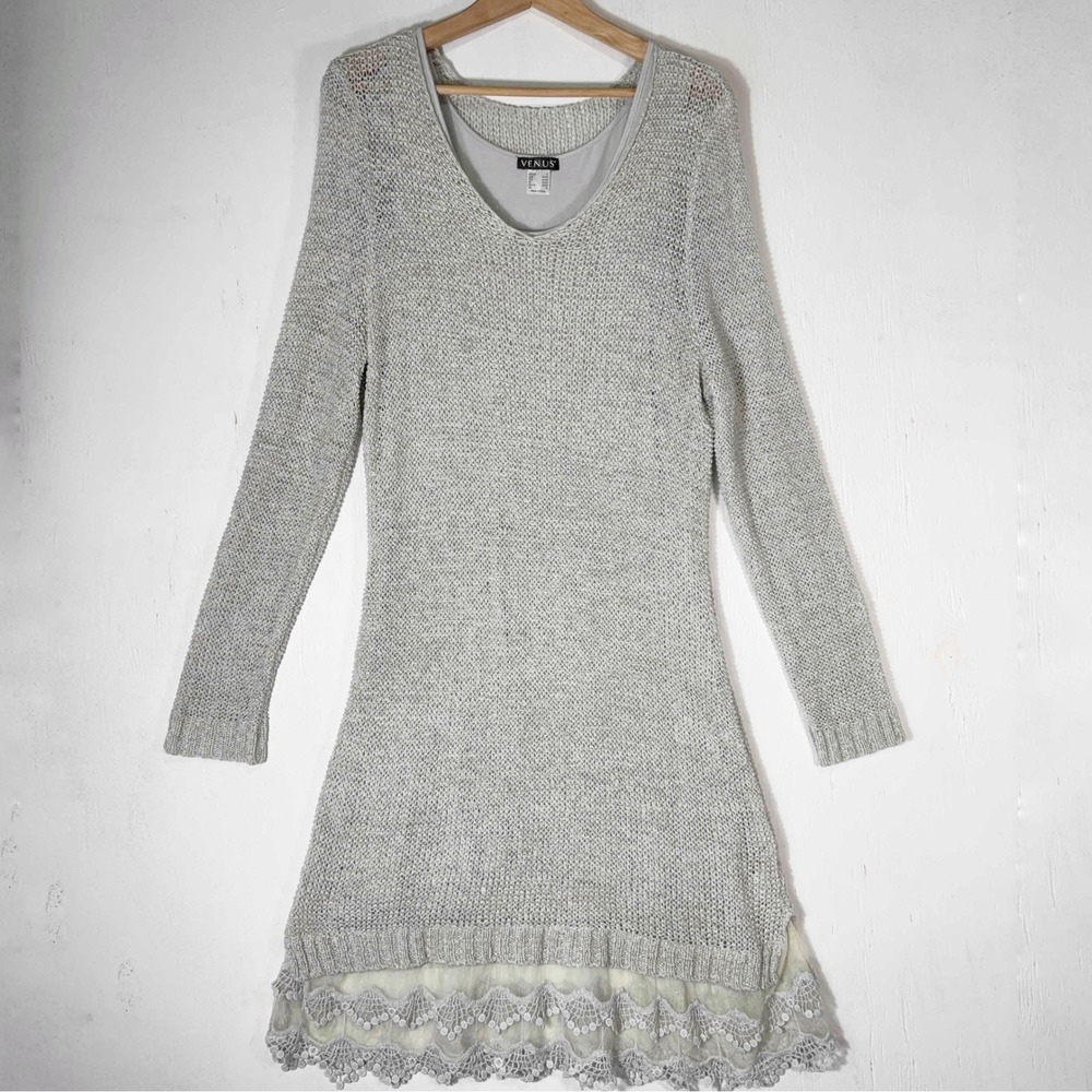 Venus Lace Trim Open Knit Sweater Dress Womens L Gray Boho Romantic